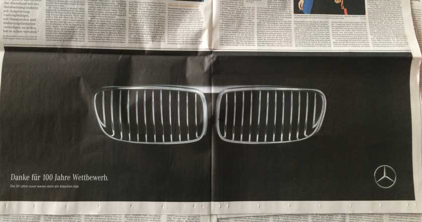 In 2016 Mercedes congratulated BMW’s 100th anniversary in newspaper