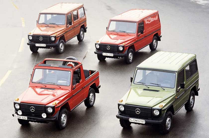 Mercedes launched G-Class in four variants: two-door with and without windows, convertible and station wagon. Its base price was 32,600 Deutsche Marks in 1979.
