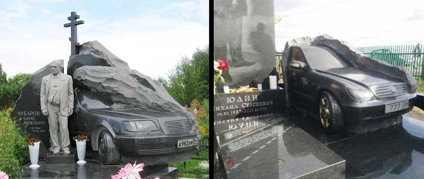 Mercedes-themed tombstones in the graves of mobsters in Russia