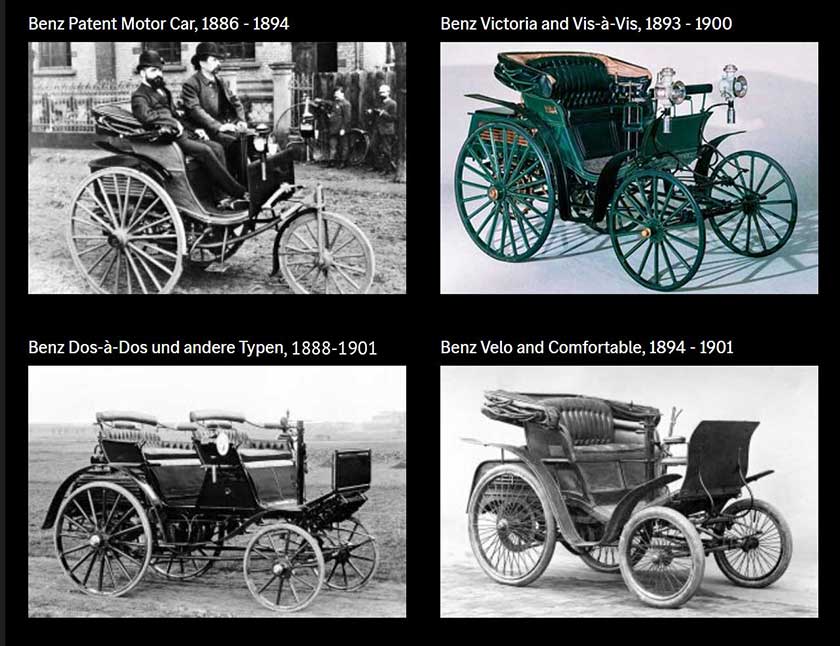 Benz Passenger Cars, until 1901: Benz Patent Motor Car, Benz Victoria and Vis-à-Vis, Benz Dos-à-Dos, and Benz Velo and Comfortable.